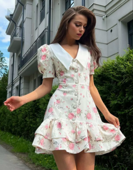 MICKSS Floral Print Mini Dress with Collar for Women