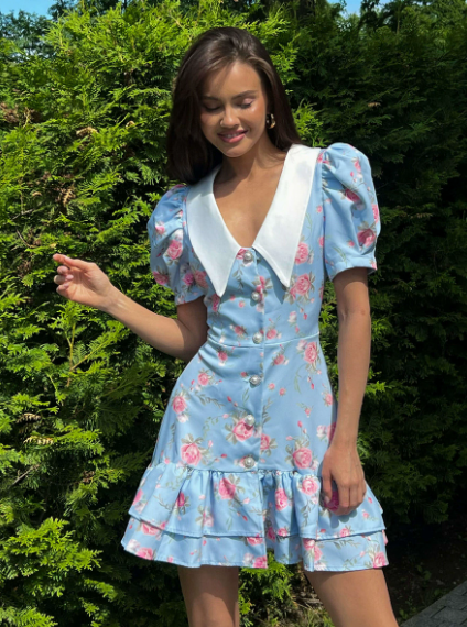 MICKSS Floral Print Mini Dress with Collar for Women