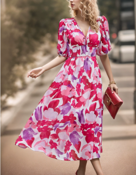 MICKSS Elegant Printed Midi Dress with V-Neck for Women