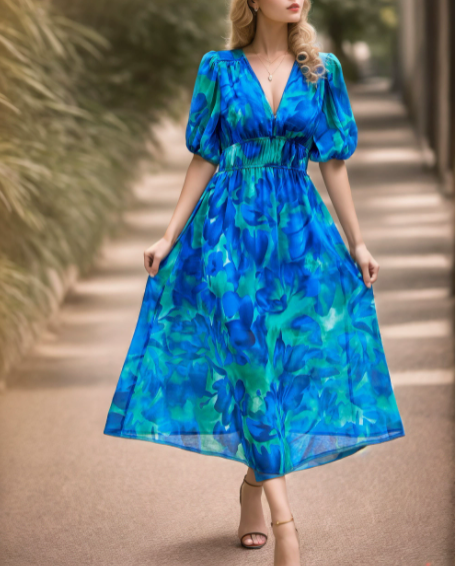 MICKSS Elegant Printed Midi Dress with V-Neck for Women