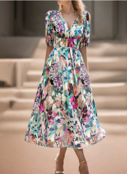 MICKSS Elegant Printed Midi Dress with V-Neck for Women