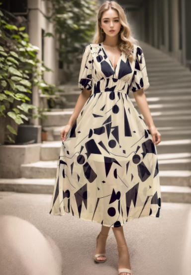 MICKSS Elegant Printed Midi Dress with V-Neck for Women