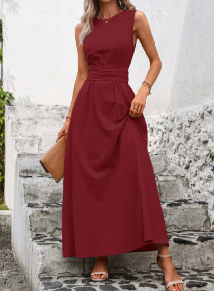 MICKSS Elegant Sleeveless Maxi Dress with Waist Tie for Women