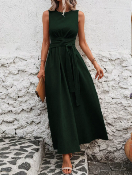 MICKSS Elegant Sleeveless Maxi Dress with Waist Tie for Women