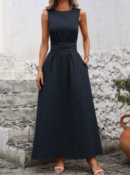 MICKSS Elegant Sleeveless Maxi Dress with Waist Tie for Women