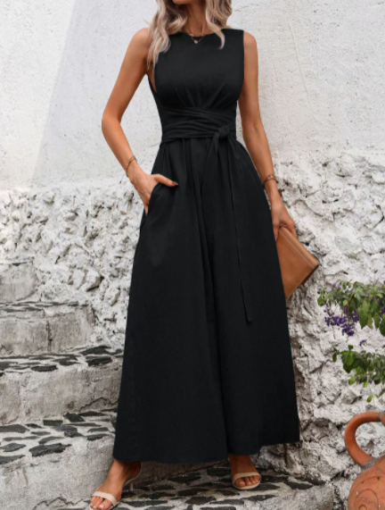 MICKSS Elegant Sleeveless Maxi Dress with Waist Tie for Women